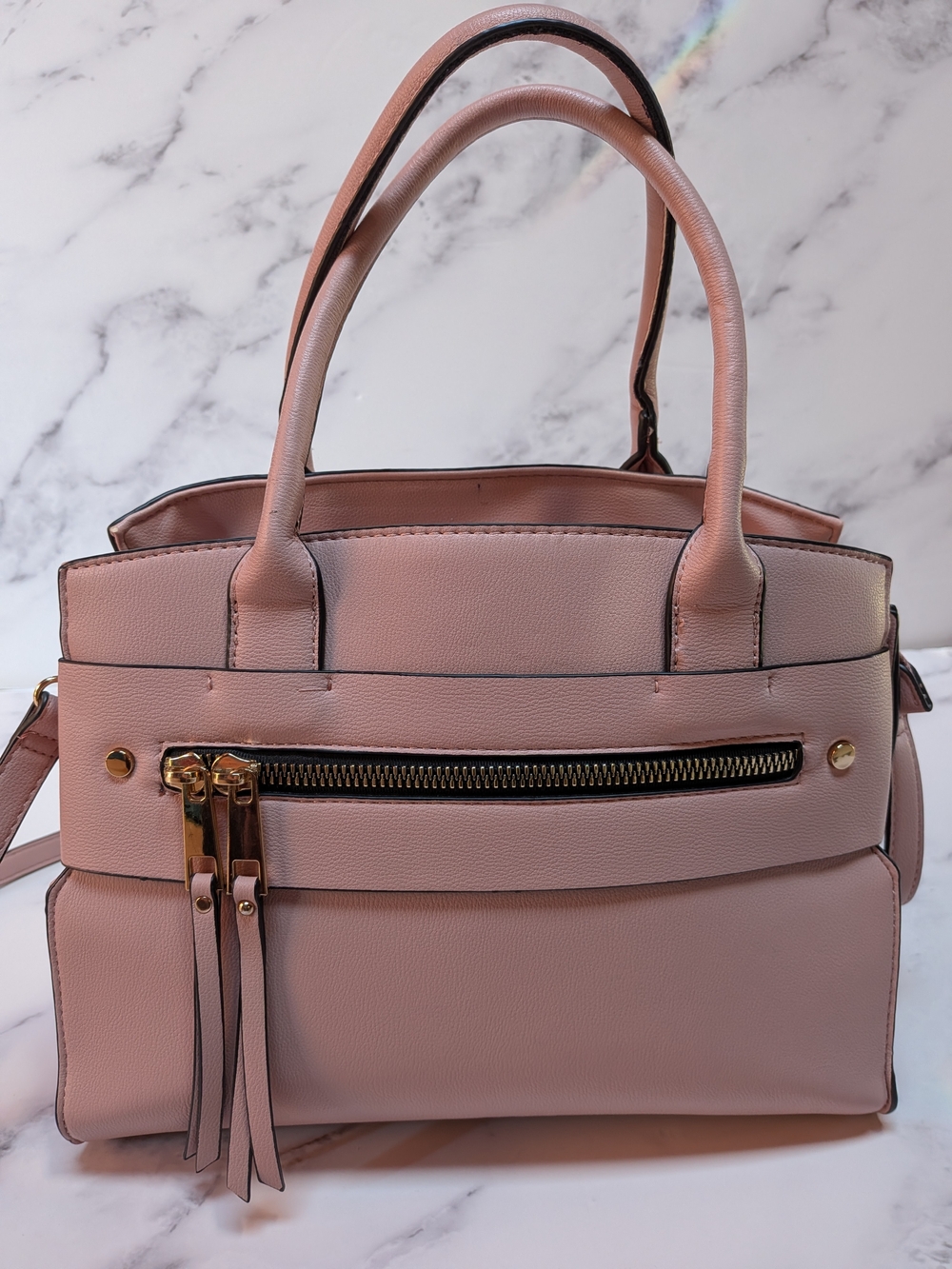 Blush Pink Satchel Crossbody Handbag Gold Hardware Tassel Zipper Vegan Leather